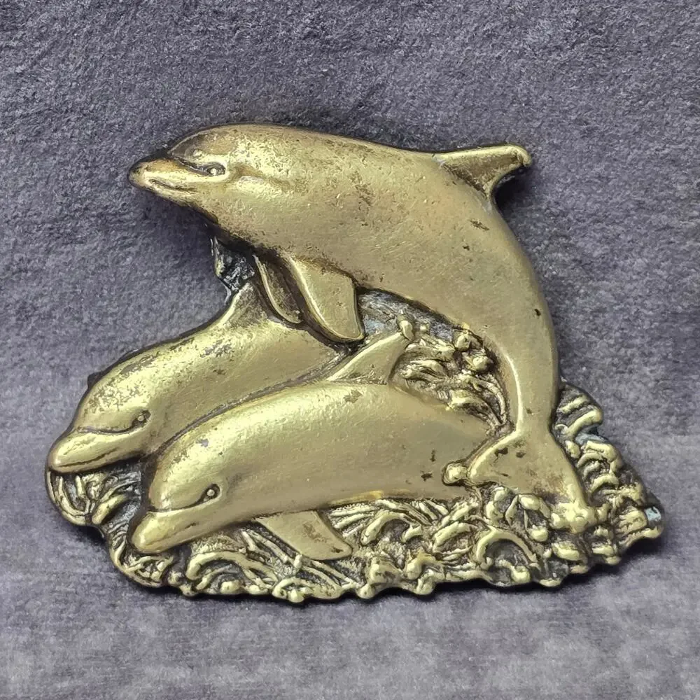 Vintage Pot Metal Brass Stone Cut Out Pod of Three Dolphins Swimming Belt Buckle